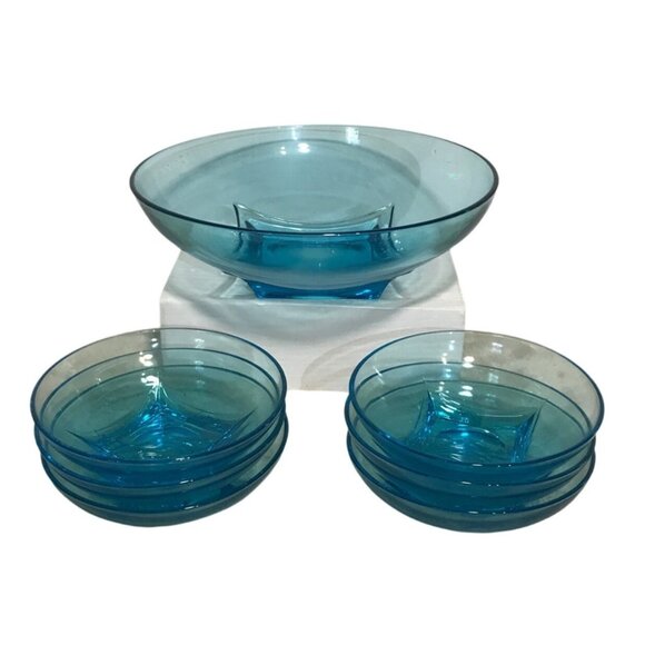 Hazel Ware Salad Bowl Set Capri Colonial Azure Blue Glass Square Base Elegant - Picture 2 of 16